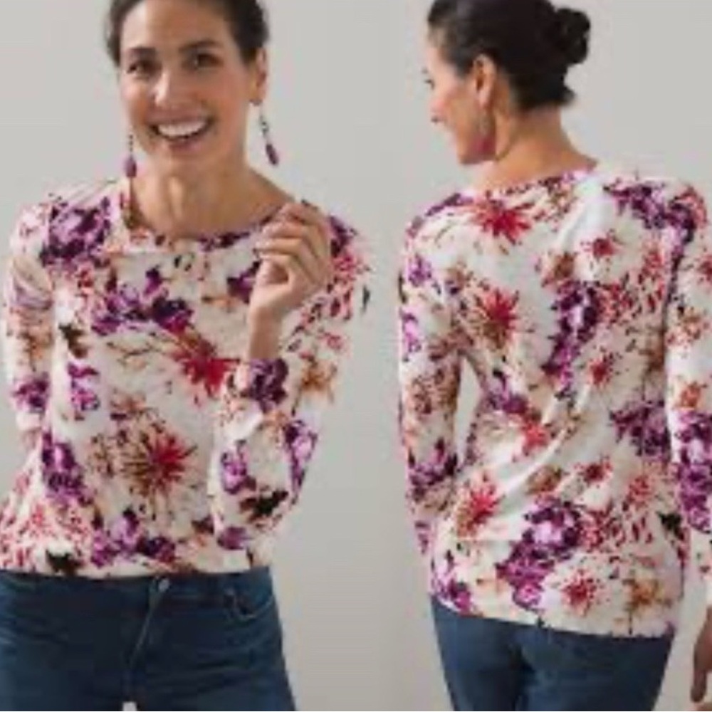 Chico's Touch Of Cool Jersey Knit Wild Floral Layering T-Shirt Size 2 Large